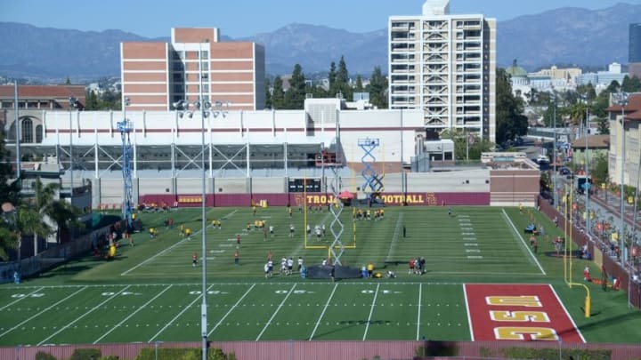 Mar 8, 2016; Los Angeles, CA, USA; General view of Southern California Trojans spring practice at Howard Jones Field. Mandatory Credit: Kirby Lee-USA TODAY Sports