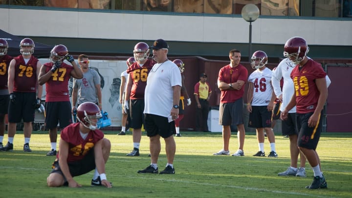 USC football kicker Michael Brown practices at Howard Jones Field. (Alicia de Artola/Reign of Troy)