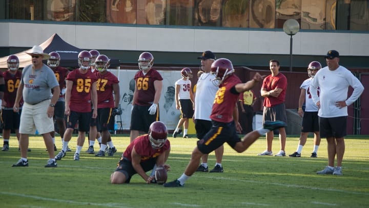 USC football kicker Michael Brown practices at Howard Jones Field. (Alicia de Artola/Reign of Troy)