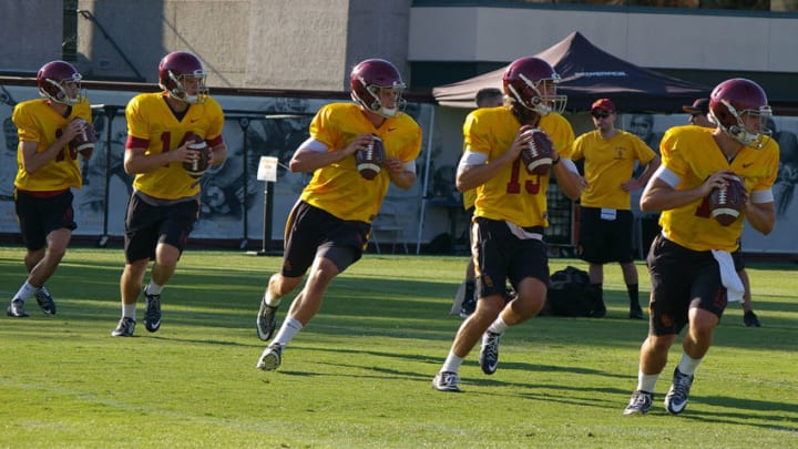 USC quarterbacks during practice at Howard Jones Field. (Alicia de Artola/Reign of Troy)