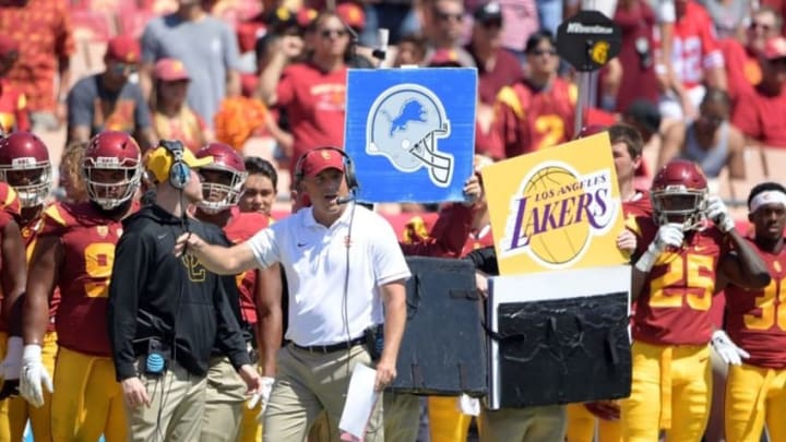 Sep 10, 2016; Los Angeles, CA, USA; USC Trojans head coach Clay Helton reacts in the second quarter against the Utah State Aggies during a NCAA football game at Los Angeles Memorial Coliseum. Mandatory Credit: Kirby Lee-USA TODAY Sports