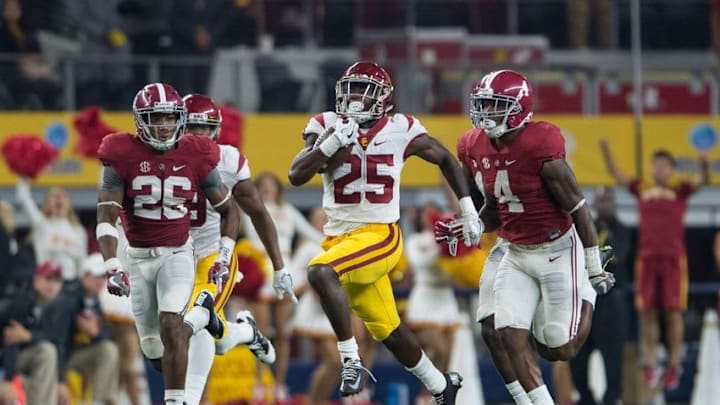 Sep 3, 2016; Arlington, TX, USA; USC Trojans running back Ronald Jones II (25) in action during the game against the Alabama Crimson Tide at AT&T Stadium. Alabama defeats USC 52-6. Mandatory Credit: Jerome Miron-USA TODAY Sports