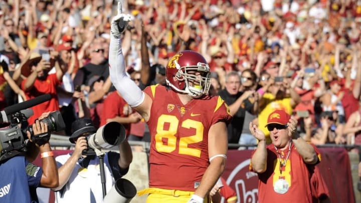 October 8, 2016; Los Angeles, CA, USA; Southern California Trojans tight end Tyler Petite (82) celebrates after scoring a touchdown against the Colorado Buffaloes during the second half at the Los Angeles Memorial Coliseum. Mandatory Credit: Gary A. Vasquez-USA TODAY Sports