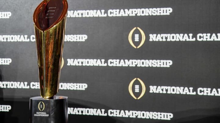 Jan 8, 2017; Tampa, FL, USA; View of the trophy after the head coaches news conference between the Alabama Crimson Tide and the Clemson Tigers at the Tampa Convention Center. Mandatory Credit: John David Mercer-USA TODAY Sports