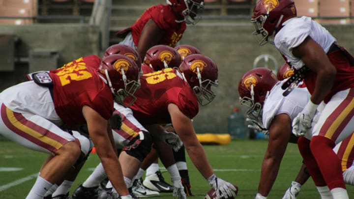 The offensive line during USC football practice at the LA Coliseum. (Alicia de Artola/Reign of Troy)
