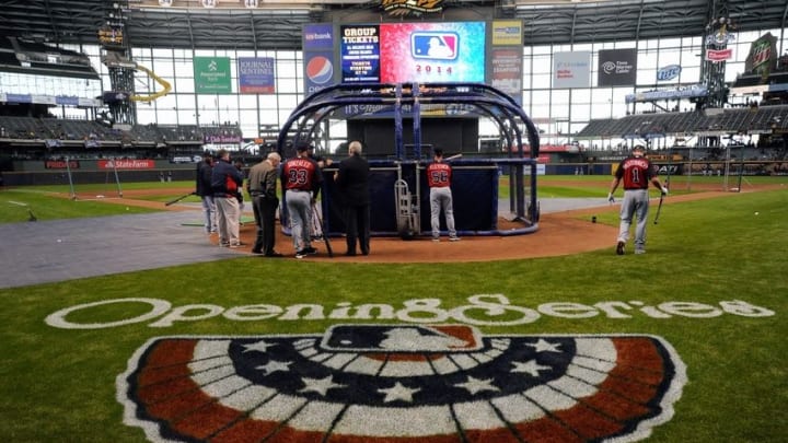 Mar 31, 2014; Milwaukee, WI, USA; The Atlanta Braves takes batting practice before an opening day baseball game against the Milwaukee Brewers at Miller Park. Mandatory Credit: Benny Sieu-USA TODAY Sports