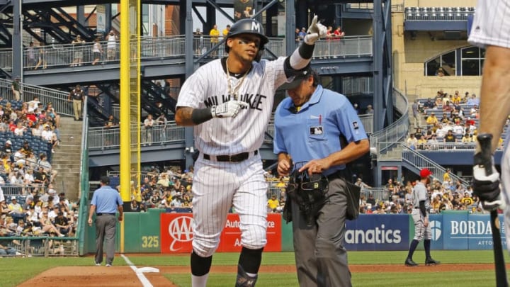 PITTSBURGH, PA - JUNE 01: Orlando Arcia #3 of the Milwaukee Brewers reacts after hitting a two run home run in the second inning against the Pittsburgh Pirates at PNC Park on June 1, 2019 in Pittsburgh, Pennsylvania. (Photo by Justin K. Aller/Getty Images)