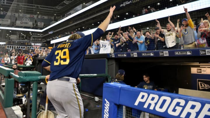 CLEVELAND, OHIO - SEPTEMBER 11: Starting pitcher Corbin Burnes #39 of the Milwaukee Brewers waves the the fans as he leaves the filed after throwing a combined no-hitter to defeat the Cleveland Indians at Progressive Field on September 11, 2021 in Cleveland, Ohio. The Brewers defeated the Indians 3-0. (Photo by Jason Miller/Getty Images)