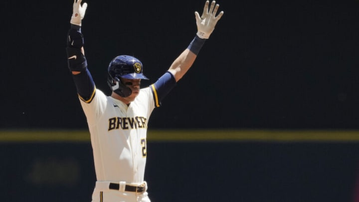MILWAUKEE, WISCONSIN - JUNE 23: Christian Yelich #22 of the Milwaukee Brewers reacts after hitting a double against the St. Louis Cardinals in the first inning at American Family Field on June 23, 2022 in Milwaukee, Wisconsin. (Photo by Patrick McDermott/Getty Images)