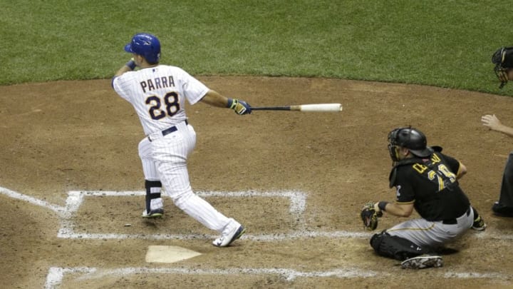 MILWAUKEE, WI - JULY 17: Gerardo Parra #28 of the Milwaukee Brewers hits a RBI single in the seventh inning against the Pittsburgh Pirates at Miller Park on July 17, 2015 in Milwaukee, Wisconsin. (Photo by Mike McGinnis/Getty Images)