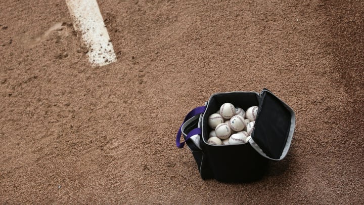 DENVER, CO – APRIL 25: A bag of baseballs sits on the mound in the bullpen as the Pittsburgh Pirates prepare to face the Colorado Rockies at Coors Field on April 25, 2016 in Denver, Colorado. (Photo by Doug Pensinger/Getty Images)