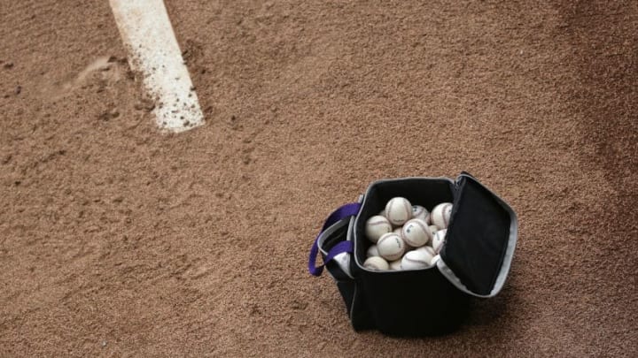 DENVER, CO - APRIL 25: A bag of baseballs sits on the mound in the bullpen as the Pittsburgh Pirates prepare to face the Colorado Rockies at Coors Field on April 25, 2016 in Denver, Colorado. (Photo by Doug Pensinger/Getty Images)