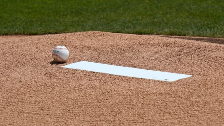 DETROIT, MI - JULY 30: A detailed view of an official Major League baseball sitting on the pitchers mound next to the rubber prior to the start of the game between the Detroit Tigers and the Houston Astros at Comerica Park on July 30, 2017 in Detroit, Michigan. The Tigers defeated the Astros 13-1. (Photo by Mark Cunningham/MLB Photos via Getty Images)