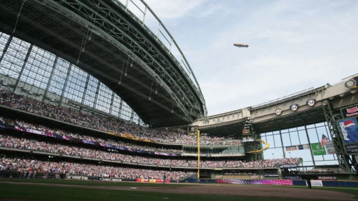 MILWAUKEE - JULY 22: The Goodyear Blimp flies over the stadium during the San Francisco Giants game against the Milwaukee Brewers on July 22, 2007 at Miller Park in Milwaukee, Wisconsin. The Brewers won 7-5. (Photo by Jonathan Daniel/Getty Images)