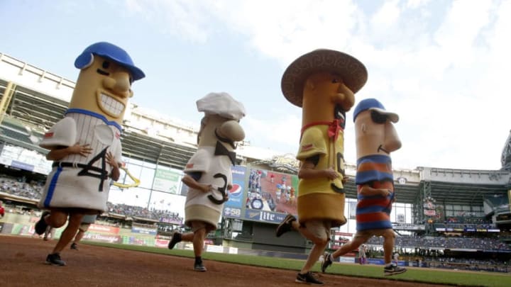 MILWAUKEE, WI - SEPTEMBER 28: The Racing Sausages race during the sixth inning in the game between the Cincinnati Reds and the Milwaukee Brewers at Miller Park on September 28, 2017 in Milwaukee, Wisconsin. (Photo by Mike McGinnis/Getty Images)