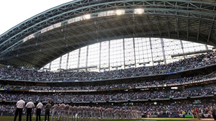 MILWAUKEE, WI - OCTOBER 09: General view as the St. Louis Cardinals stand attended for the National Anthem before Game one of the National League Championship Series against the Milwaukee Brewers at Miller Park on October 9, 2011 in Milwaukee, Wisconsin. The Brewers defeated the Cardinals 9-6. (Photo by Christian Petersen/Getty Images)