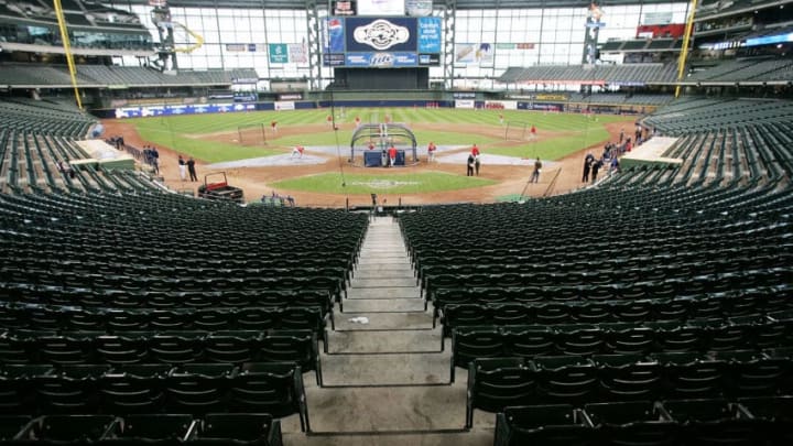 MILWAUKEE - APRIL 10: Members of the Los Angeles Angels of Anaheim take batting practice before fans are allowed into the park for a game between the Angels and the Cleveland Indians on April 10, 2007 at Miller Park in Milwaukee, Wisconsin. (Photo by Jonathan Daniel/Getty Images)