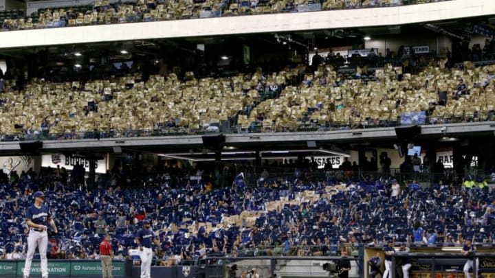 MILWAUKEE, WI - SEPTEMBER 15: Fans perform a card stunt to raise awareness and inspire action for childhood cancer initiatives as a part of Childhood Cancer Awareness Month during the game between the Milwaukee Brewers and Pittsburgh Pirates at Miller Park on September 15, 2018 in Milwaukee, Wisconsin. (Photo by Dylan Buell/Getty Images)