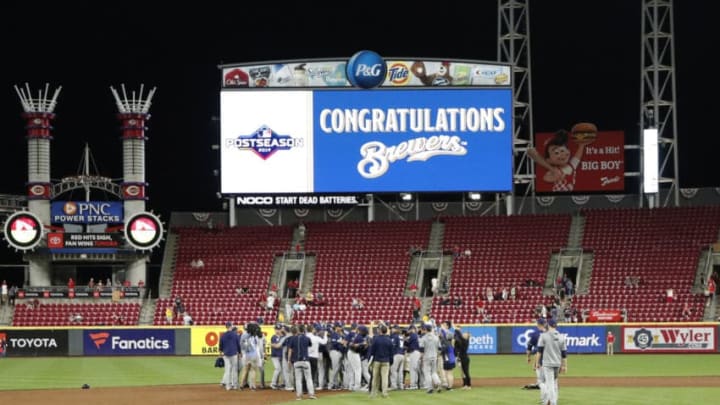 CINCINNATI, OH - SEPTEMBER 25: Milwaukee Brewers players celebrate after clinching a playoff berth following a 9-2 win over the Cincinnati Reds at Great American Ball Park on September 25, 2019 in Cincinnati, Ohio. (Photo by Joe Robbins/Getty Images)