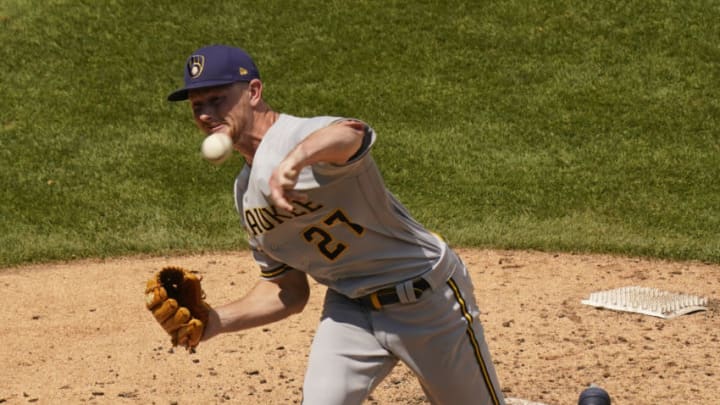 CHICAGO, ILLINOIS - JULY 26: Eric Lauer #27 of the Milwaukee Brewers throws a pitch against the Chicago Cubs during the fourth inning of a game at Wrigley Field on July 26, 2020 in Chicago, Illinois. (Photo by Nuccio DiNuzzo/Getty Images)