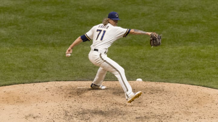 Sep 2, 2020; Milwaukee, Wisconsin, USA; Milwaukee Brewers pitcher Josh Hader (71) throws a pitch during the ninth inning against the Detroit Tigers at Miller Park. Mandatory Credit: Jeff Hanisch-USA TODAY Sports