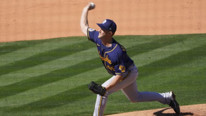 Mar 18, 2021; Tempe, Arizona, USA; Milwaukee Brewers pitcher Brad Boxberger (45) throws against the Los Angeles Angels during a spring training game at Tempe Diablo Stadium. Mandatory Credit: Rick Scuteri-USA TODAY Sports