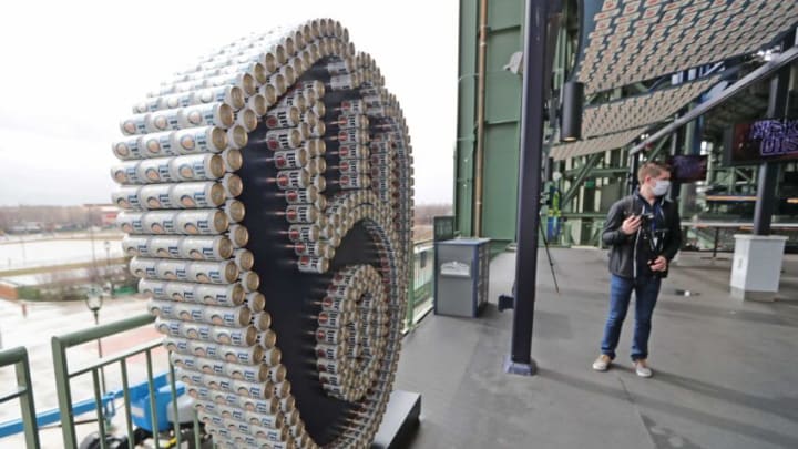 A Brewers glove logo, formed out of Miller Lite beer cans, is located in the Miller Lite Landing.Brewers Bernie 00590