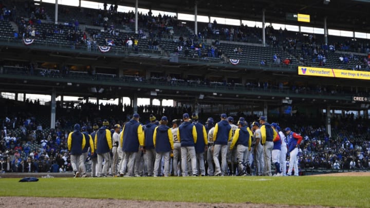 Apr 9, 2022; Chicago, Illinois, USA; Milwaukee Brewers and Chicago Cubs clear the benches in the eight inning after Chicago Cubs relief pitcher Keegan Thompson (71) was ejected from the game at Wrigley Field. Mandatory Credit: Quinn Harris-USA TODAY Sports