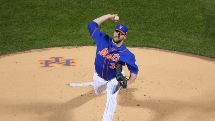 Oct 17, 2015; New York City, NY, USA; New York Mets starting pitcher Matt Harvey throws a pitch against the Chicago Cubs in game one of the NLCS at Citi Field. Mandatory Credit: Brad Penner-USA TODAY Sports