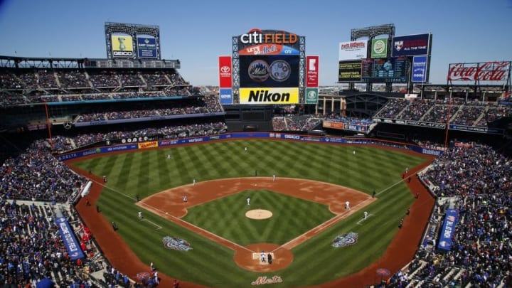 Apr 10, 2016; New York City, NY, USA; New York Mets and Philadelphia Phillies play during the third inning at Citi Field. Mandatory Credit: Noah K. Murray-USA TODAY Sports