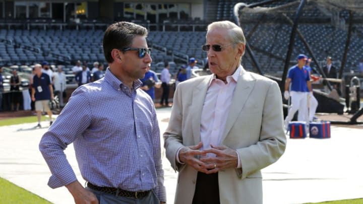NEW YORK, NEW YORK - JUNE 28: (NEW YORK DAILIES OUT) New York Mets COO Jeff Wilpon (L) and majority owner Fred Wilpon during batting practice before a game against the Atlanta Braves at Citi Field on Friday, June 28, 2019 in the Queens borough of New York City. The Braves defeated the Mets 6-2. (Photo by Jim McIsaac/Getty Images)