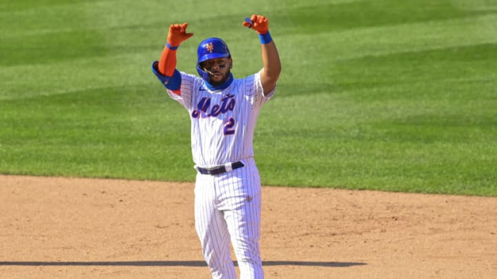 NEW YORK, NEW YORK - SEPTEMBER 06: Dominic Smith #2 of the New York Mets celebrates after hitting a double against the Philadelphia Phillies at Citi Field on September 06, 2020 in New York City. (Photo by Steven Ryan/Getty Images)