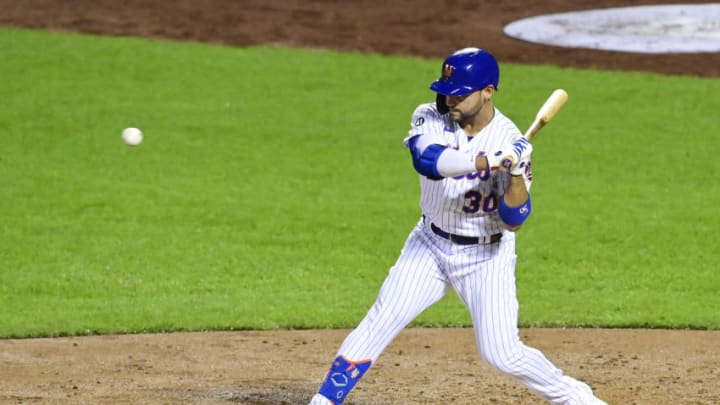 NEW YORK, NEW YORK - SEPTEMBER 08: Michael Conforto #30 of the New York Mets at bat against the Baltimore Orioles at Citi Field on September 08, 2020 in New York City. (Photo by Steven Ryan/Getty Images)