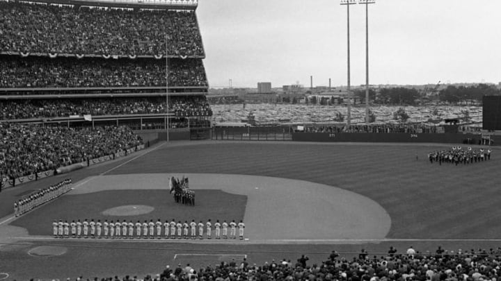 FLUSHING, NY - OCTOBER 14, 1969: General view of the stadium as the teams line up along the first and third base paths prior to Game 3 of the World Series on October 14, 1969 between the Baltimore Orioles and the New York Mets at Shea Stadium in New York, New York. (Photo by: Kidwiler Collection/Diamond Images/Getty Images)