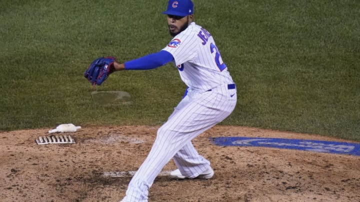 CHICAGO, ILLINOIS - SEPTEMBER 16: Jeremy Jeffress #24 of the Chicago Cubs throws a pitch during the ninth inning of a game against the Cleveland Indians at Wrigley Field on September 16, 2020 in Chicago, Illinois. (Photo by Nuccio DiNuzzo/Getty Images)