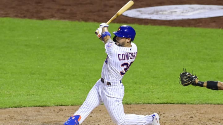 NEW YORK, NEW YORK - SEPTEMBER 08: Michael Conforto #30 of the New York Mets at bat against the Baltimore Orioles at Citi Field on September 08, 2020 in New York City. (Photo by Steven Ryan/Getty Images)