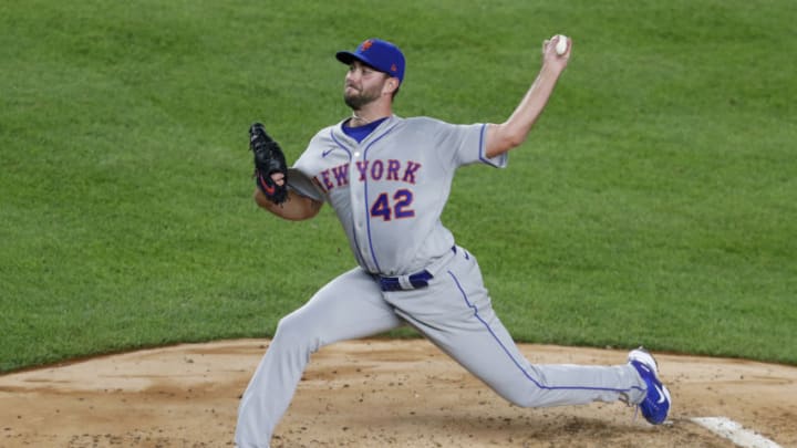 NEW YORK, NEW YORK - AUGUST 28: (NEW YORK DAILIES OUT) David Peterson #77 of the New York Mets in action against the New York Yankees during the second game of a doubleheader at Yankee Stadium on August 28, 2020 in New York City. The Mets defeated the Yankees 4-3.
All players are wearing #42 in honor of Jackie Robinson Day. The day honoring Jackie Robinson, traditionally held on April 15, was rescheduled due to the COVID-19 pandemic. (Photo by Jim McIsaac/Getty Images)