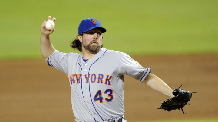 MIAMI, FL – OCTOBER 02: Pitcher R.A. Dickey #43 of the New York Mets pitches during an MLB game against the Miami Marlins at Marlins Park on October 2, 2012, in Miami, Florida. (Photo by Ronald C. Modra/Getty Images)