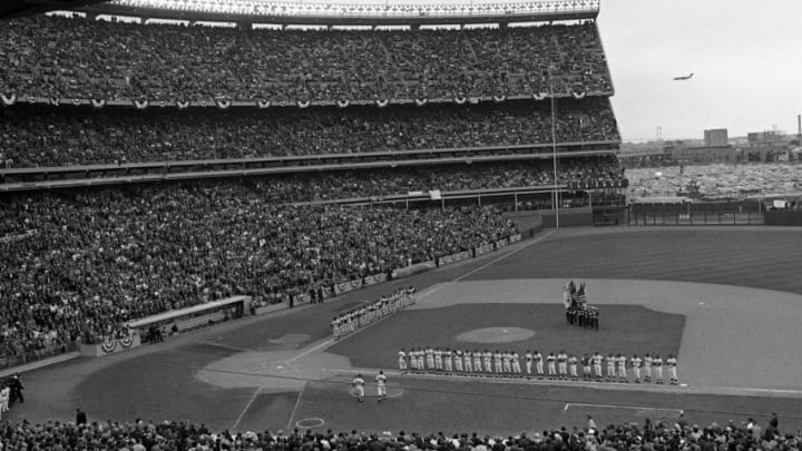 FLUSHING, NY - OCTOBER 14, 1969: General view of the stadium as the teams line up along the first and third base paths prior to Game 3 of the World Series on October 14, 1969 between the Baltimore Orioles and the New York Mets at Shea Stadium in New York, New York. (Photo by: Kidwiler Collection/Diamond Images/Getty Images)