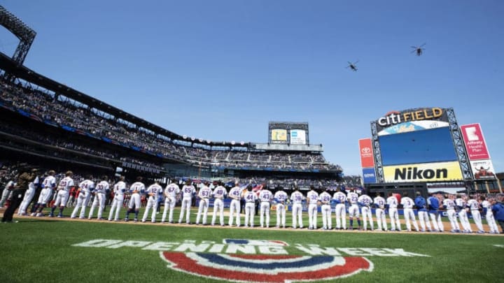 NEW YORK, NEW YORK - APRIL 04: The New York Mets stand for the National Anthem against the Washington Nationals at the Mets Home Opening game at Citi Field on April 04, 2019 in New York City. (Photo by Al Bello/Getty Images)