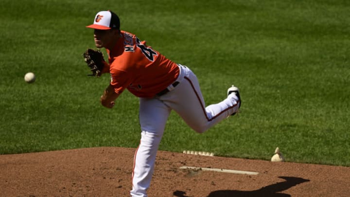 Jun 5, 2021; Baltimore, Maryland, USA; Baltimore Orioles starting pitcher John Means (47) delivers a first inning pitch against the Cleveland Indians at Oriole Park at Camden Yards. Mandatory Credit: Tommy Gilligan-USA TODAY Sports