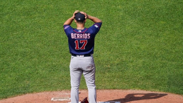 Jun 5, 2021; Kansas City, Missouri, USA; Minnesota Twins starting pitcher Jose Berrios (17) pauses on the mound before pitching during the game against the Kansas City Royals at Kauffman Stadium. Mandatory Credit: Denny Medley-USA TODAY Sports