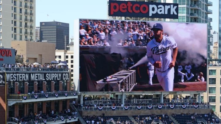 Apr 9, 2015; San Diego, CA, USA; A view of the new scoreboard in the left field bleachers during the pregame introductions as San Diego Padres starting pitcher James Shields (33) is introduced before the game against the San Francisco Giants at Petco Park. The new scoreboard is the largest in the National League. Mandatory Credit: Jake Roth-USA TODAY Sports