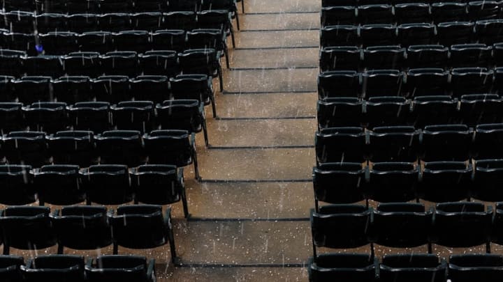 Jun 28, 2016; Denver, CO, USA; General view of the stands of Coors Field during a hail and rain storm causing a delay in the start of the game between the Toronto Blue Jays against the Colorado Rockies at Coors Field. Mandatory Credit: Ron Chenoy-USA TODAY Sports