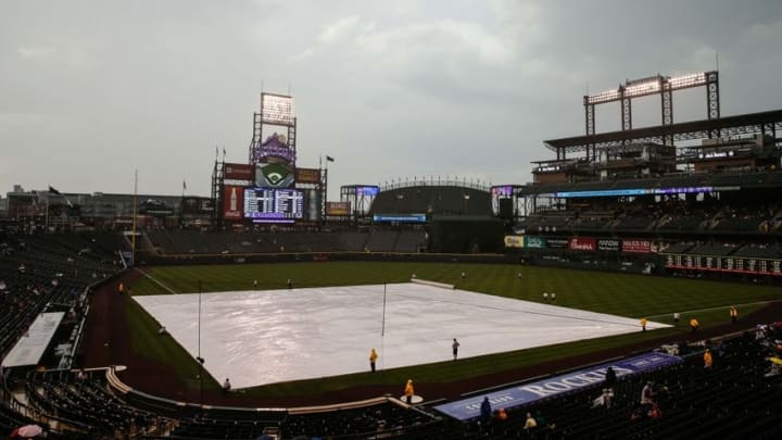 Aug 2, 2016; Denver, CO, USA; A general view of the infield tarp in the first inning of the game between the Colorado Rockies and the Los Angeles Dodgers at Coors Field. Mandatory Credit: Isaiah J. Downing-USA TODAY Sports