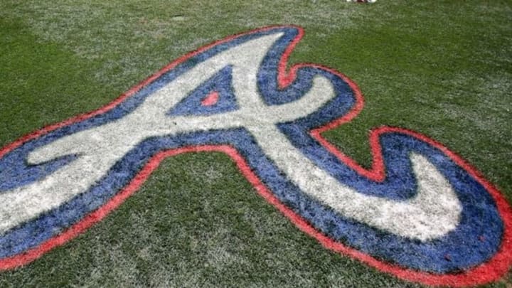 Mar 15, 2015; Lake Buena Vista, FL, USA; The Atlanta Braves logo painted on the field during a spring training baseball game at Champion Stadium. The Toronto Blue Jays beat the Atlanta Braves 10-5. Mandatory Credit: Reinhold Matay-USA TODAY Sports