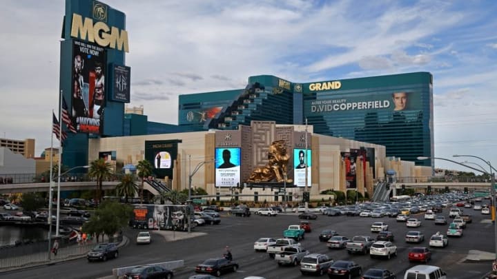 May 1, 2015; Las Vegas, NV, USA; Exterior view of the MGM Grand hotel and casino following weigh-ins for the upcoming boxing fight between Floyd Mayweather against Manny Pacquiao at the MGM Grand Garden Arena. Mandatory Credit: Mark J. Rebilas-USA TODAY Sports