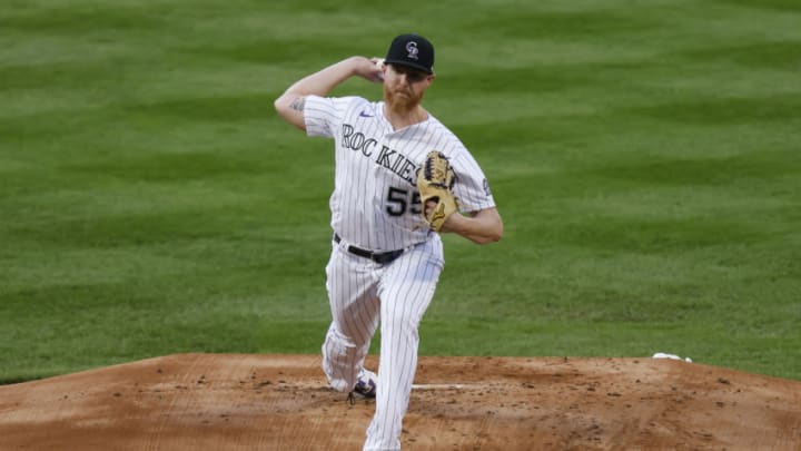 DENVER, CO - SEPTEMBER 01: Starting pitcher Jon Gray #55 of the Colorado Rockies delivers to home plate during the first inning against the San Francisco Giants at Coors Field on September 1, 2020 in Denver, Colorado. (Photo by Justin Edmonds/Getty Images)