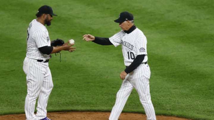 DENVER, CO - SEPTEMBER 01: Manager Bud Black #10 of the Colorado Rockies takes the baseball from Jairo Diaz #37 and removes him from the game after giving up seven earned runs in two-thirds of an inning of work against the San Francisco Giants at Coors Field on September 1, 2020 in Denver, Colorado. (Photo by Justin Edmonds/Getty Images)