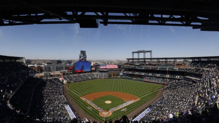DENVER, CO - APRIL 1: A general view of the stadium during the National Anthem as fighter jets fly over the stadium before the Los Angeles Dodgers take on the Colorado Rockies on Opening Day at Coors Field on April 1, 2021 in Denver, Colorado. (Photo by Justin Edmonds/Getty Images)